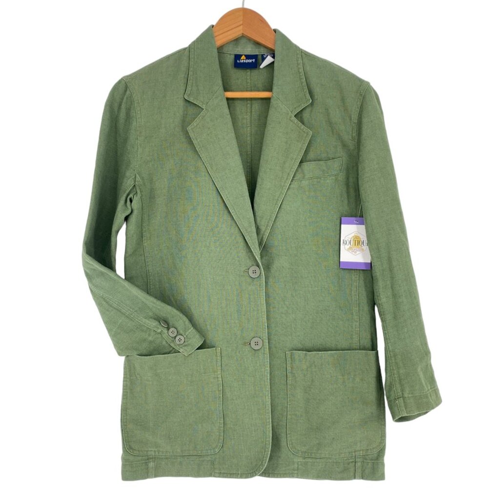 Vintage Liz Sport Womens S Army Green Linen Blazer Jacket Career Academia Preppy